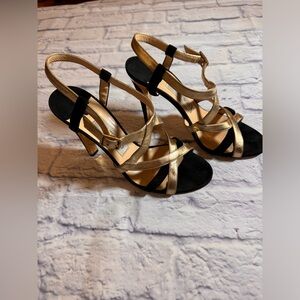 Jimmy Choo London leather strappy slingback heels black and gold sz 38.5.